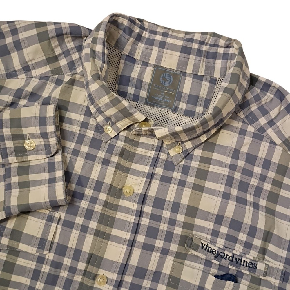 Vineyard Vines Harbor Shirt Mens‎ XL Blue White Plaid Performance Vented Fishing